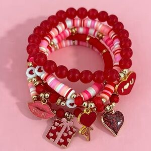 Valentine Beaded Bracelet Stack | Heart Charms